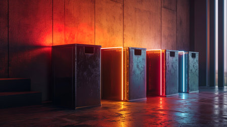 A steel garbage container, illuminated by neon tubes, creates harmony between industrial and moder.の素材