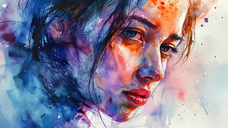 A watercolor portrait of a girl with an exciting look creating an atmosphere of mystery.の素材