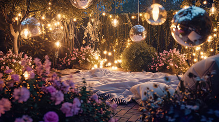 A secret garden with mirror balls, luminous bulbs and fluffy bedspreads for romantic meetings.の素材