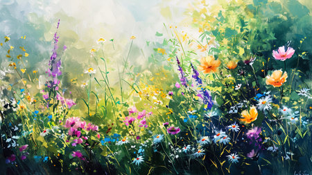 Beautiful watercolor flowers in the botanical garden, radiating freshness and brightness.の素材