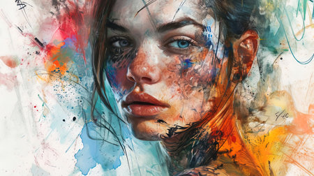 A young art portrait with a girl decorated with watercolor tattoos.の素材