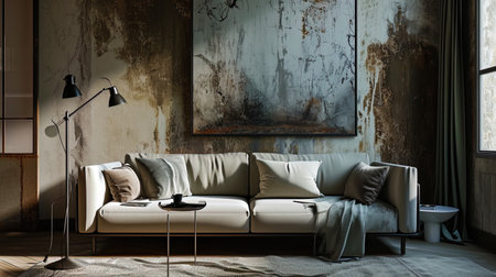 A rest room with a cozy sofa and an expressive picture, creating the impression of a virtuoso art.の素材