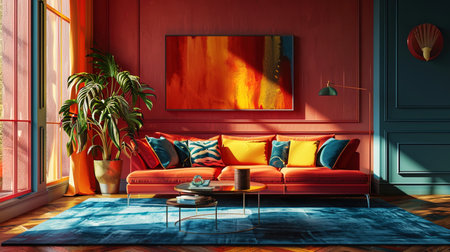 A room for relaxing with an elegant sofa and a colorful picture, creating a feeling of inspiration.の素材