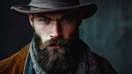 A self confident gentleman with a pronounced beard and a stylish hat, whose gaze is full of confid.の素材