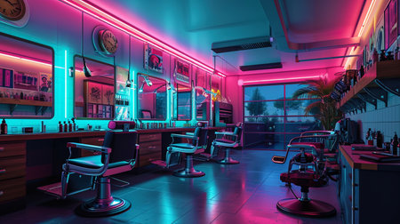 Barbershop with a bright neon light surrounding each workplace and creating a bright and cheerful.の素材