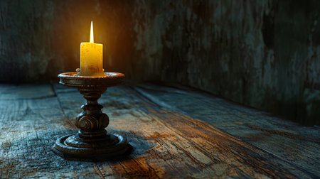 A vintage candle in a dark wood candlestick, combining simplicity and sophistication in design.の素材