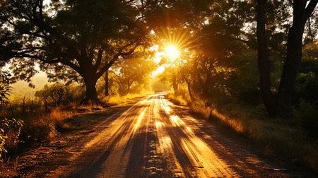 A sunset road, immersed in gold shades, as if created for a peaceful spiritual walk.の素材