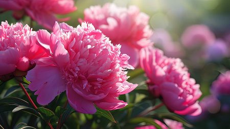 Direct pink peonies, blooming in the field, like velvet dreams.の素材