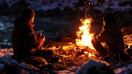 A woman and a man sitting together at the fire laugh from funny stories and share a warmth of reci.の素材