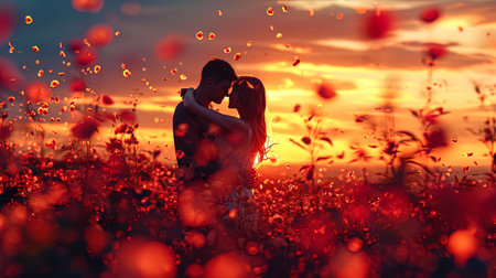 A woman and a man hugging against a background of sunset connected by rose colors and petals, crea.の素材