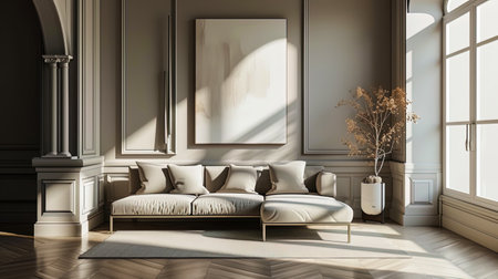 A room with a chic sofa and art work on a wall harmoniously combined with the color palette of the.の素材