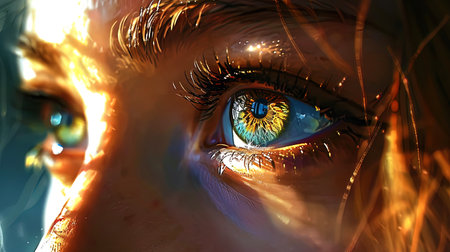 Captivating eyes with a golden halo around the pupils, giving them light and warmth.の素材