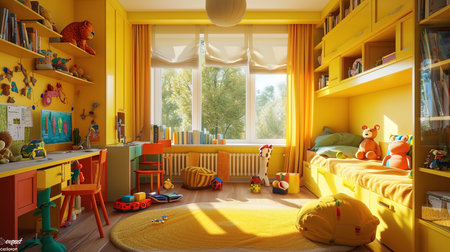 Children's room with bright toys and gaming areas.の素材