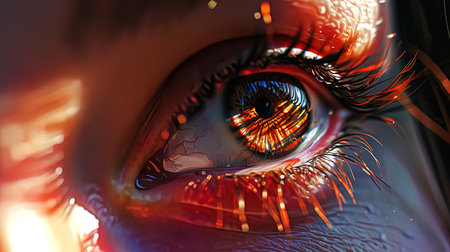 Bright eyes, like a fragment of the sunset sky, with warm shades of orange and pink.の素材
