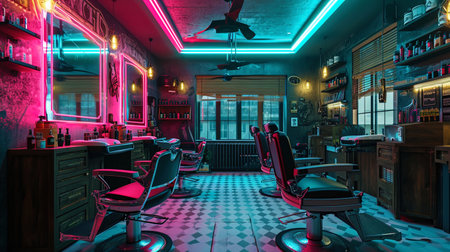 Barbershop with neon lights inspired by street art and graffiti.の素材