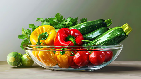 Bright vegetable palette in a glass bowl tomatoes, pepper and fresh zucchini.の素材