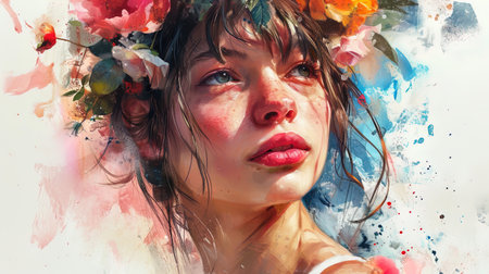 A watercolor portrait of a girl with a floral decoration in her hair.の素材