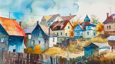 City landscape with watercolor houses, lively bright colors.の素材