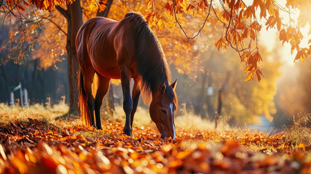 A horse grazing against a background of bright autumn, with beautiful leaves under the feet, creat.の素材