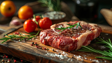 A juicy raw steak on a natural wooden board, with a characteristic marble structure, promises a de.の素材