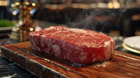 A juicy raw steak on a wooden board, with a uniform distribution of marble intersperses, promises.の素材