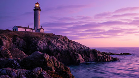 A photograph of the lighthouse during the transition from day to night, when it is still lit by th.の素材