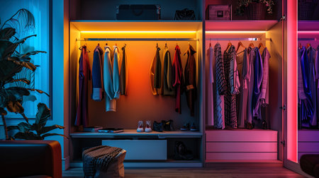 A photograph of a stylish wardrobe with bright multi colored lighting, creating an atmosphere of f.の素材