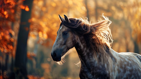 A light wind develops the mane of a horse standing against the background of the autumn forest, cr.の素材