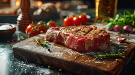 A photograph of a juicy raw steak on a wooden board, with a delightful marble structure, creates a.の素材