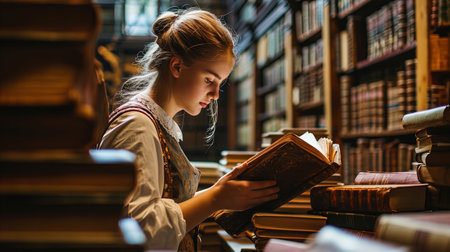 A student studying ancient books in the archival department of the library, concentratedly turning.の素材