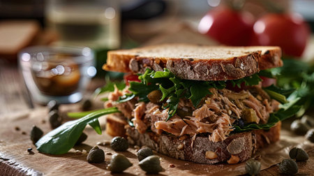 A healthy sandwich with tuna, capers and a fresh leaf of salad laid between the whole grain slices.の素材