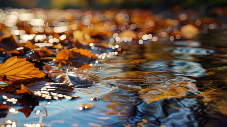 A photograph of the water surface with a reflection of the autumn leaves, creating the atmosphere.の素材