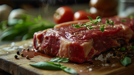 A photograph of a raw steak on a wooden board, with marble interspersed, creates the impression of.の素材