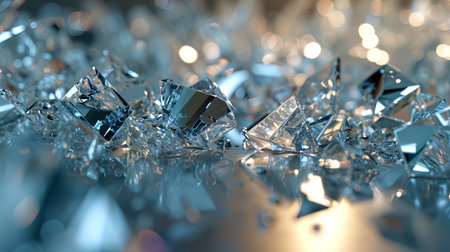 Abstract fragments of glass breaking light and creating dynamic reflections.の素材