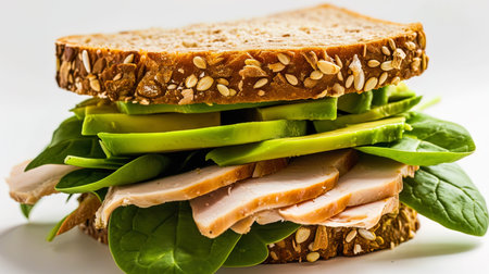 A healthy sandwich with integral bread, delicate turkey, thin slices of avocados and fresh spinach.の素材
