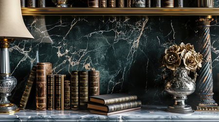 Books with black leather bindings and silver fittings placed on the marble shelves of the library.の素材
