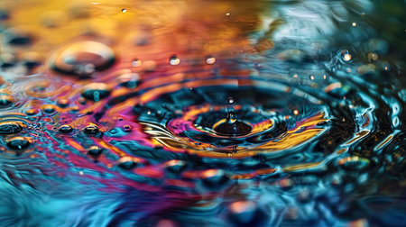 Abstract rain drops that create colorful cycles and waves on the surface of the water.の素材