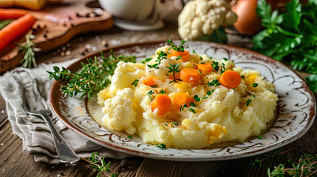 A plate with mashed potatoes, enriched carrots and cauliflower, decorated with herbs.の素材