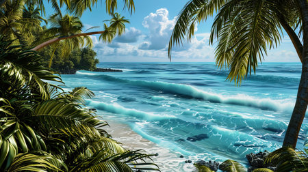 An exciting view of the ocean, where palm trees gently touch the waves with their green branches.の素材