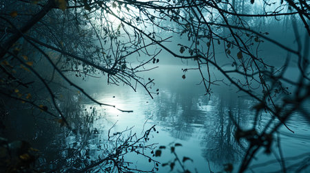 A photograph of water in a fog with a reflection of branches and trees, creating an atmosphere of.の素材
