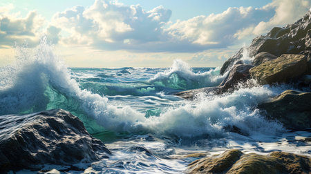 An amazing picture of the Ocean Front, where the waves are impressively crashed against stone obst.の素材