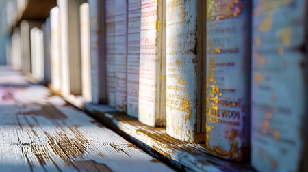 A stunning view of books with bindings made of white wood with golden intersperses that create the.の素材