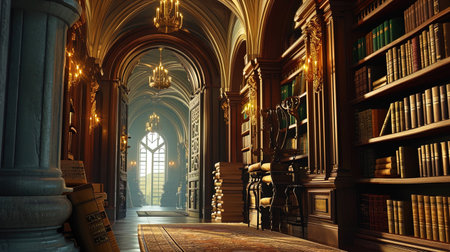 Books in bindings with large gold letters, built in the form of an arch, create a magnificent entr.の素材