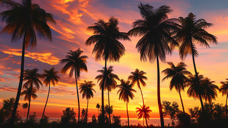 Abstract forms of palm trees in the circuit against the background of the dawn sky, creating a mys.の素材