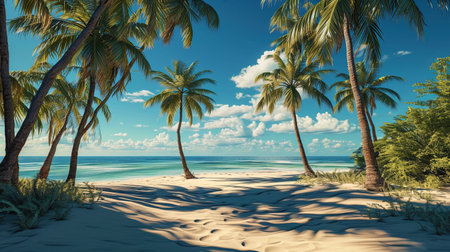 Coastal palm trees, creating a shadow in the sand, are invited to rest under their cool crowns.の素材