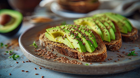 Breakfast with whole grain bread toasts covered with a layer of avocado and sprinkled with flax se.の素材