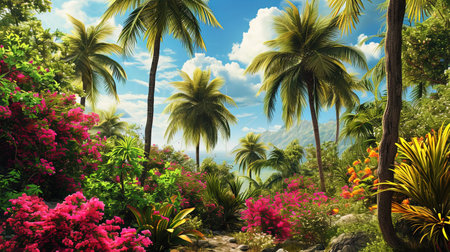 A tropical corner with palm trees surrounded by flowering plants in their colorful embrace.の素材