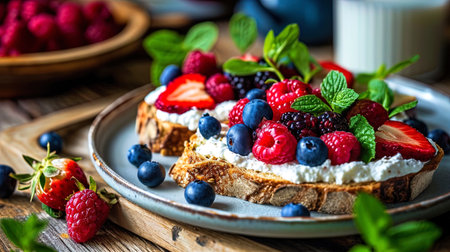 Breakfast with toasts made of whole grain bread, abundantly smeared cottage cheese, fresh berries.の素材