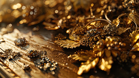 Antique background with gold leaves and ancient jewelry that create an aristocratic atmosphere.の素材