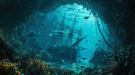 Colorful caravels framed by dark depths create a magical underwater landscape.の素材
